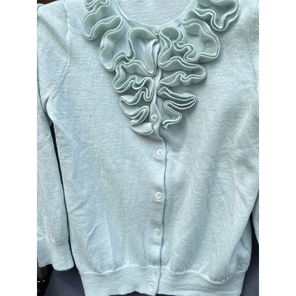 J.Crew Ruffle Cardigan Sweater Merino Wool S Fitted Women Seafoam Button Front - Picture 9 of 9